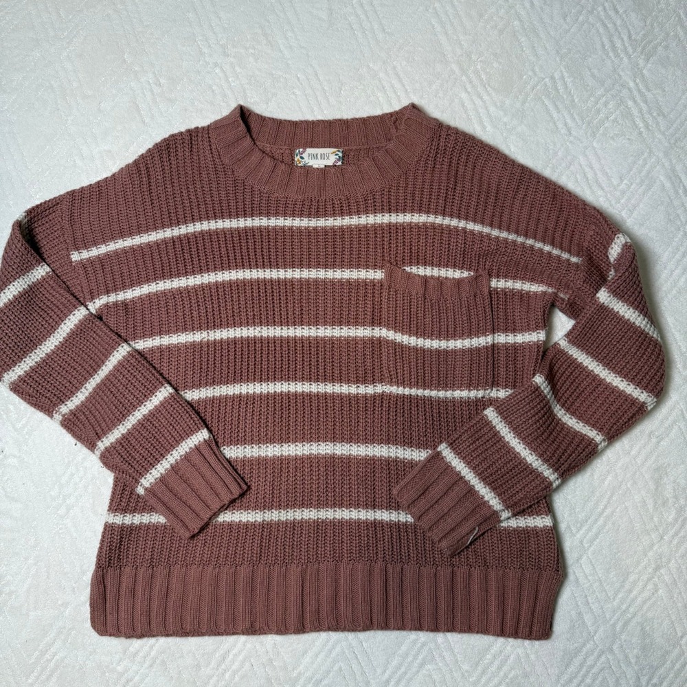 Coastal Preppy Pink Rose Striped Knit Sweater L Dusty Rose Pocket